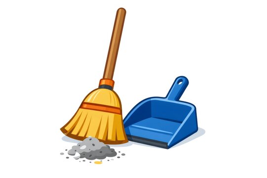 Broom and dustpan sweeping a small pile of dust and debris on a bright white background, symbolizing tidiness, housework, cleaning routine and simple domestic maintenance