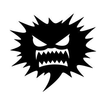 Angry monster face with sharp teeth and spiky hair on white background
