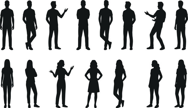 Silhouettes of standing human figures in masculine and feminine poses showing gestures, posture, body language, casual stances, and design reference