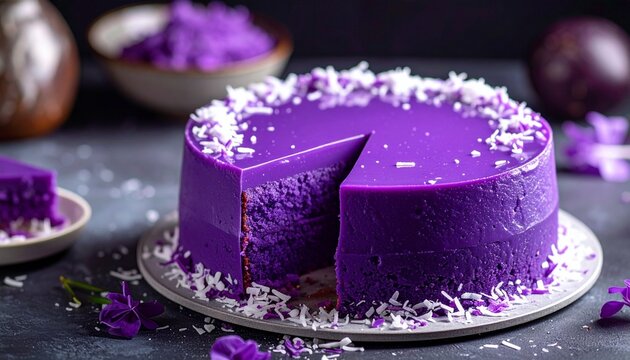 A purple cake with a slice missing sits on a plate surrounded by shredded coconut and purple flowers on a dark table.