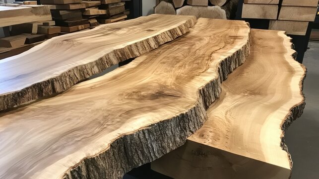 Stacked, natural wood, live edge slabs, workshop background