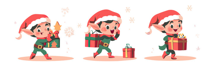 Fototapeta premium Christmas elf characters carrying and delivering colorful holiday gift boxes with festive hats and joyful expressions in flat minimalist vector style