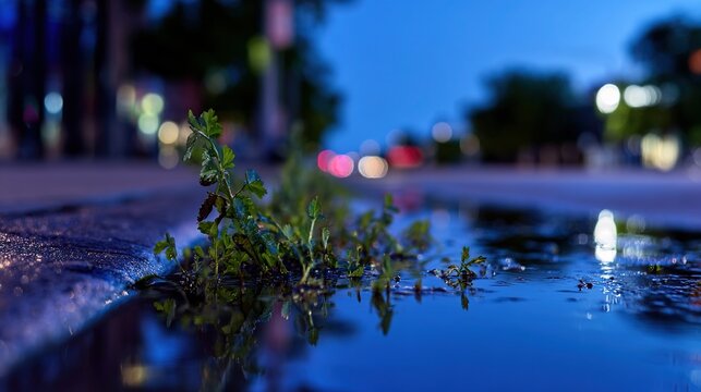 Spring Rain Urban Environment at Blue Hour for architectural layout