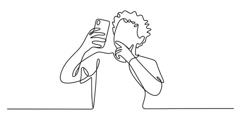 Fototapeta premium A continuous single line drawing of a person thinking while looking at a smartphone screen device