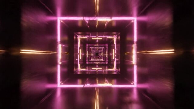 An endless, glowing, geometric tunnel with pink and gold neon lights receding into the distance, creating a sense of futuristic motion