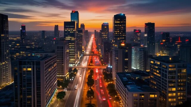 Moderne Stadtlandschaft mit Lichtspuren bei Sonnenuntergang