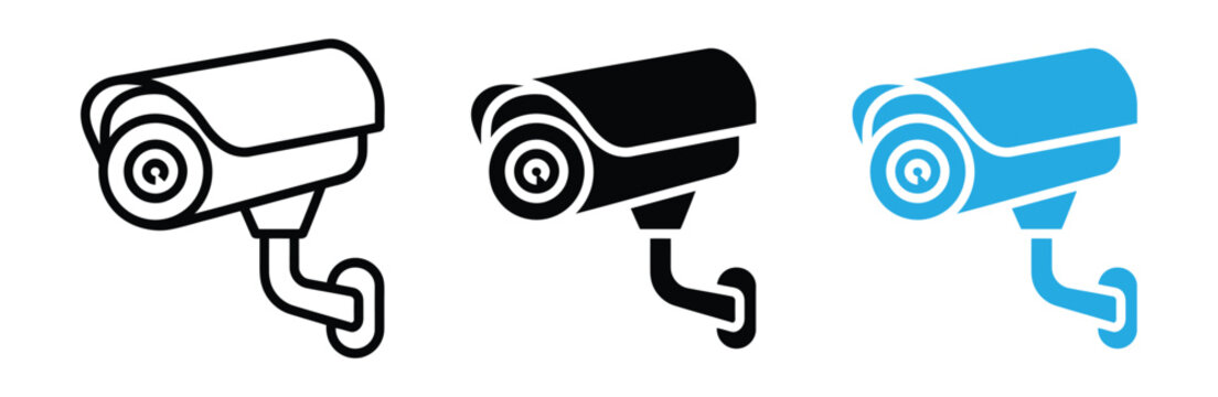 Set of security camera icons in black and blue on white background for safety and surveillance concepts