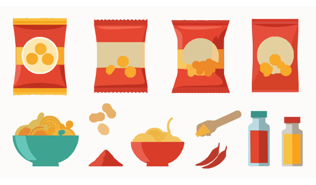 Snack packaging vector set with spicy mixture peanuts noodles and food elements flat design