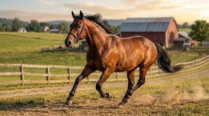 Obraz premium Beautiful bay horse galloping in a green pasture with a red barn at sunset. Idyllic farm landscape with a running stallion. Rural life and agriculture concept.
