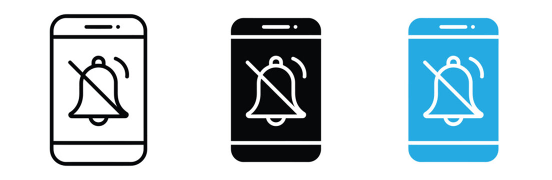 Mute notification icons on mobile phones in black and white and blue, Symbolizing do not disturb mode or silent notifications