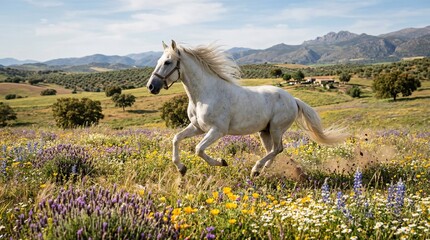 Fototapeta premium Beautiful white horse galloping in blooming summer field. Fast running grey stallion in meadow with lavender and wildflowers. Natural landscape, freedom and vitality concept.