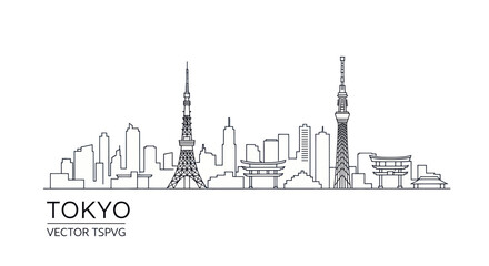 Obraz premium Tokyo Skyline Vector Illustration - Iconic Landmarks Outline on White Background