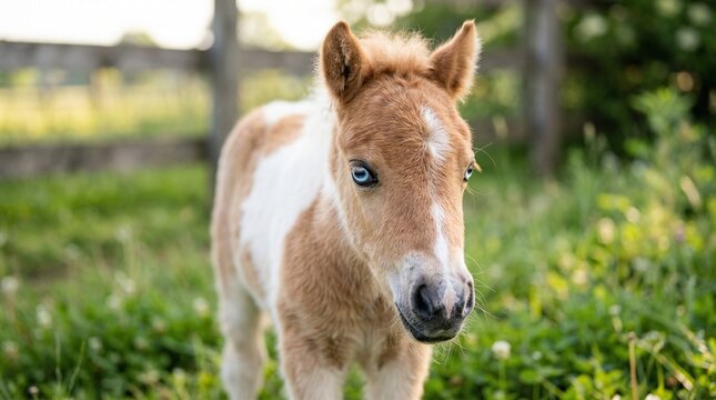 Portrait of a cute miniature horse foal with bright blue eyes in a summer paddock. Adorable dwarf pony baby standing on green grass at the farm. Small pet animal, domestic livestock.