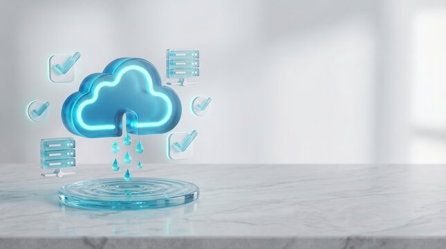 3D visualization of cloud data lake dashboard with floating glowing cubes and central repository metrics, translucent liquid glass aesthetic with copy space