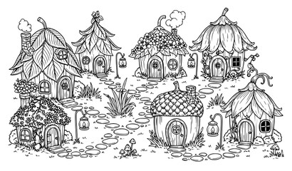 Fantasy fairy village coloring page with cute enchanted cottages and playful magical details © Mithun