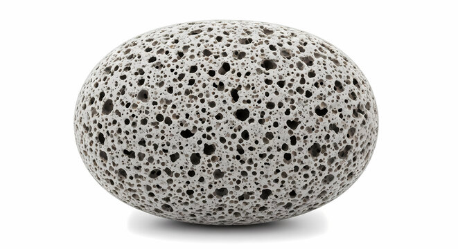 Close-up of a single, light grey, oval-shaped pumice stone with a highly porous and textured surface, isolated on a white background.