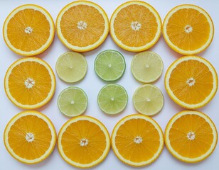 Obraz premium A vibrant arrangement of sliced oranges and limes on a white background