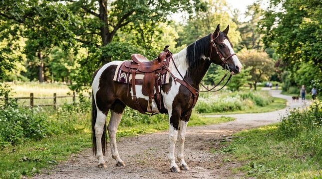 Beautiful pinto paint horse standing on nature trail with western saddle. Equestrian lifestyle, horseback riding and outdoor recreation in summer park countryside.