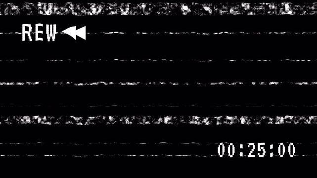 Analog VHS Rewind Animation, 4K REW Screen Distortion Noise, 30 Second Vintage Tape Damage Overlay