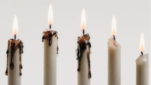 Five lit candles with dripping wax against a white background.