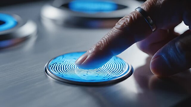 Human finger presses glowing blue button on futuristic metal panel