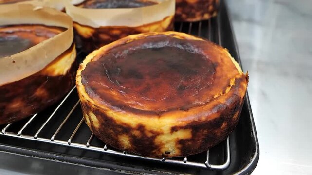 Close-up of a freshly baked Basque burnt cheesecake with a perfectly caramelized dark top on a cooling rack in a professional kitchen setting.