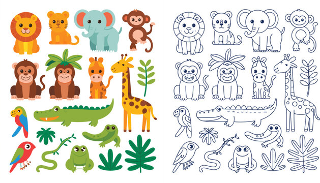 Collection of Cute Cartoon Jungle and Safari Animals - Lion, Monkey, Giraffe, Elephant, Crocodile, Parrot, and More