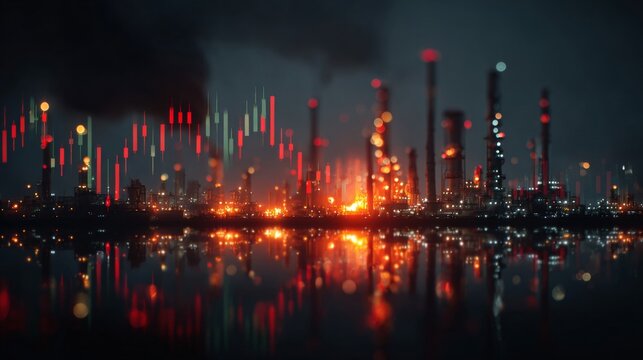 Stability in global oil supply challenged by new threats. Financial charts. Strategic energy installations brace for ongoing aggression. Investment charts. Cryptocurrency trends.