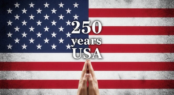 USA 250 years anniversary commemorative poster with praying hands over American flag background patriotic pride and blessing for United States national celebration and semiquincentennial