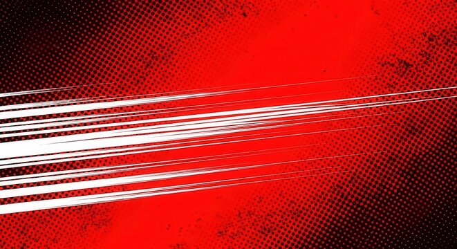 Comic book style action background with dynamic white speed lines on red and black halftone texture. Superhero manga style zoom effect for motion, power and fast energy concept.