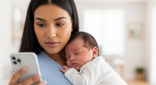 Concerned young mother holding a sleeping newborn baby while checking medical results on a smartphone at home. Telehealth, motherhood, and pediatric care concept for modern parenting.