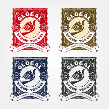 Editable creative travel logo template in a stamp shaped emblem