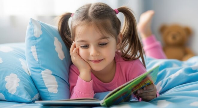 Cute little girl lying on bed and reading colorful story book in cozy bedroom. Childhood education, kids leisure, home learning and bedtime stories concept with happy child.