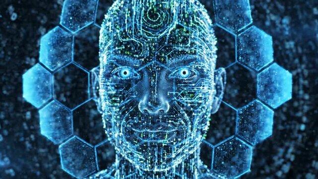 A futuristic digital human face with circuits and wires emerges from a honeycomb pattern in a dark blue technological environment.