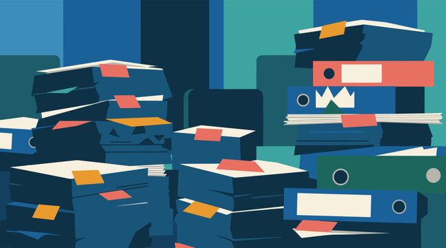 Stacks of folders and paperwork piled in office workspace
