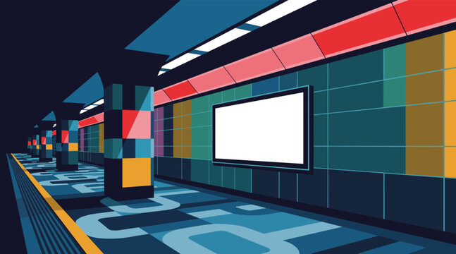 Subway platform standing empty in colorful geometric station