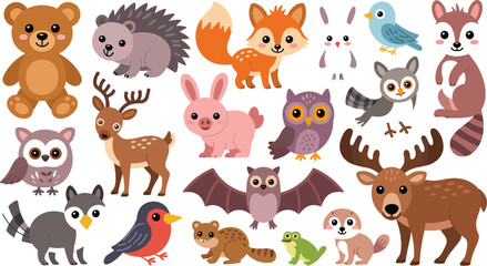 Fototapeta premium Collection of Cute Forest Animals - Bear, Rabbit, Fox, Owl, Deer, Bat, and More in Kawaii Style