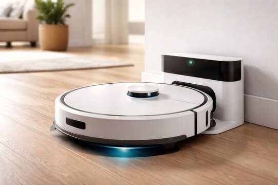 White robot vacuum cleaner docking with its self emptying and charging station, providing smart home automation for effortless floor maintenance and convenience
