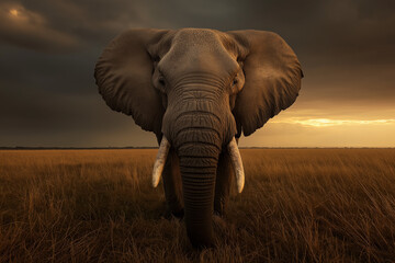 Fototapeta premium animal by ai, elephant standing in the savanna at sunset with stormy sky, majestic, looking into camera, dramatic sky, photorealistic