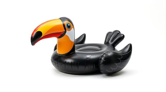 Inflatable black and orange toucan pool float on white background for summer fun and vacation