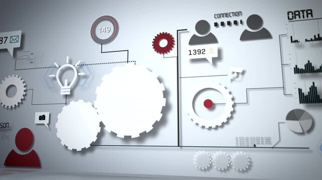 Clean digital interface illustrating business operations with rotating gears, analytics dashboards, and communication elements emphasizing efficiency, workflow optimization, and data driven systems.