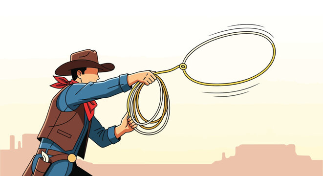 Western cowboy, rodeo lasso, cartoon illustration, vector graphics, cowboy hat, rope