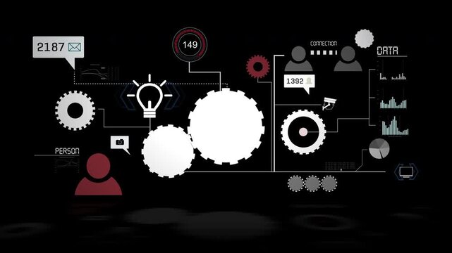 Dark themed business workflow visualization showing interconnected gears, analytics charts, and data communication icons representing automation, system integration, and digital operations.