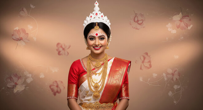 Beautiful Indian Bengali Bride in Traditional Saree and Gold Jewelry