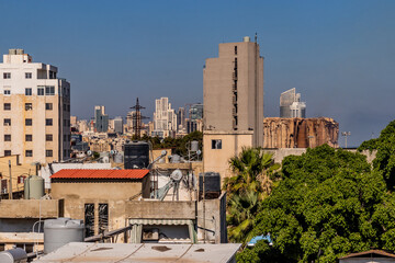 Skyline of Beirut, capital of Lebanon. Partially collapsed port grain silos visible. © Matyas Rehak