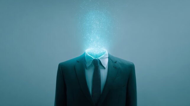 A man in a business suit with a glowing blue head