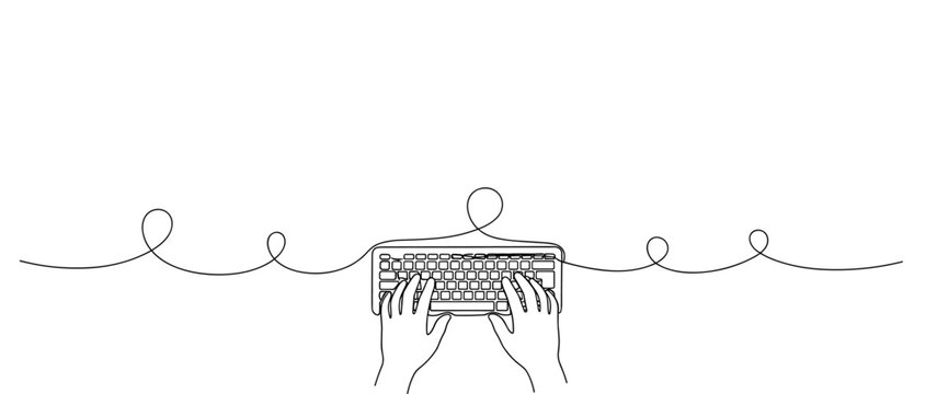 Hands typing on keyboard over continuous line background. No editable stroke