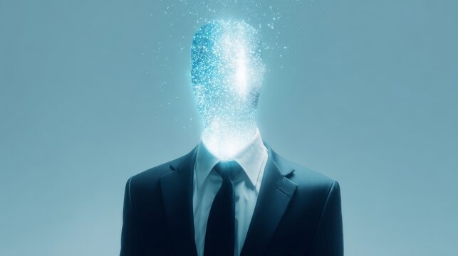 A man in a business suit with a glowing head dissolving into particles