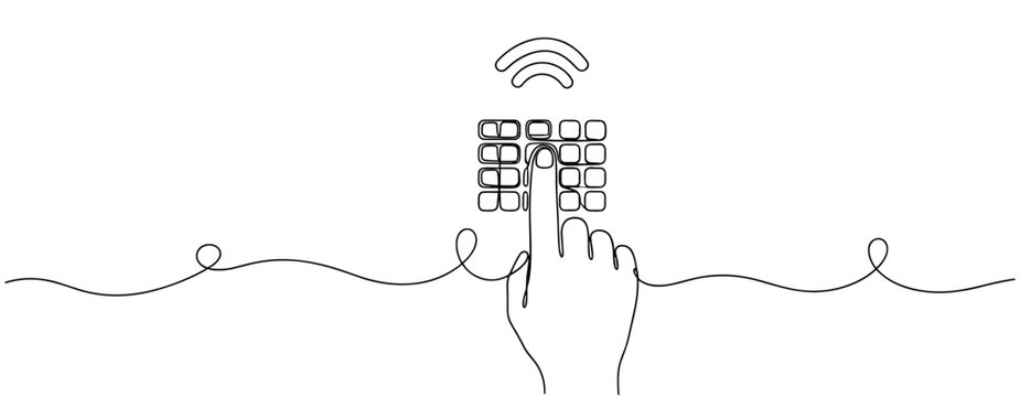 Hand pressing keypad button indicating wireless access connection. No editable stroke