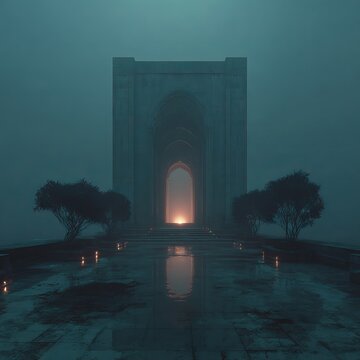 A monumental archway glows within a misty, moody atmosphere, hinting at a path leading to an unknown destination